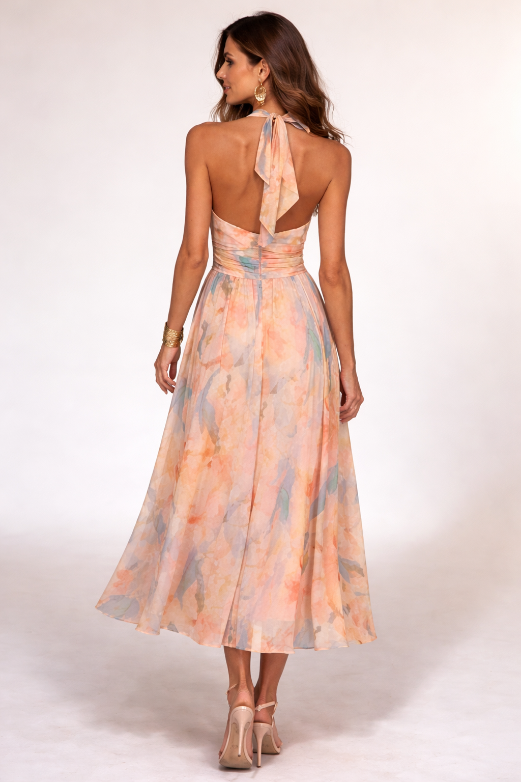 VESTIDO MIDI HALTER TONOS PASTEL ACUARELA - Veska 