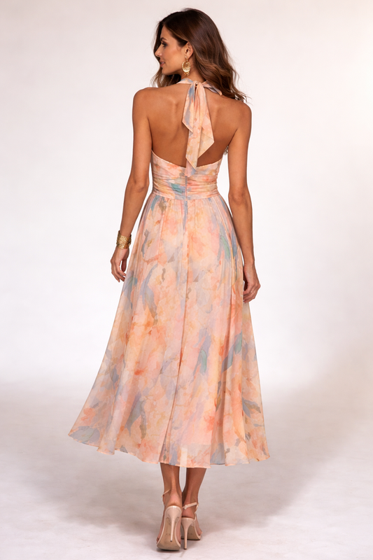 VESTIDO MIDI HALTER TONOS PASTEL ACUARELA - Veska 