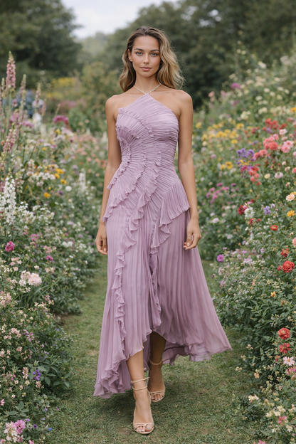 VESTIDO CON VOLANTES ESCOTE HALTER - Veska 
