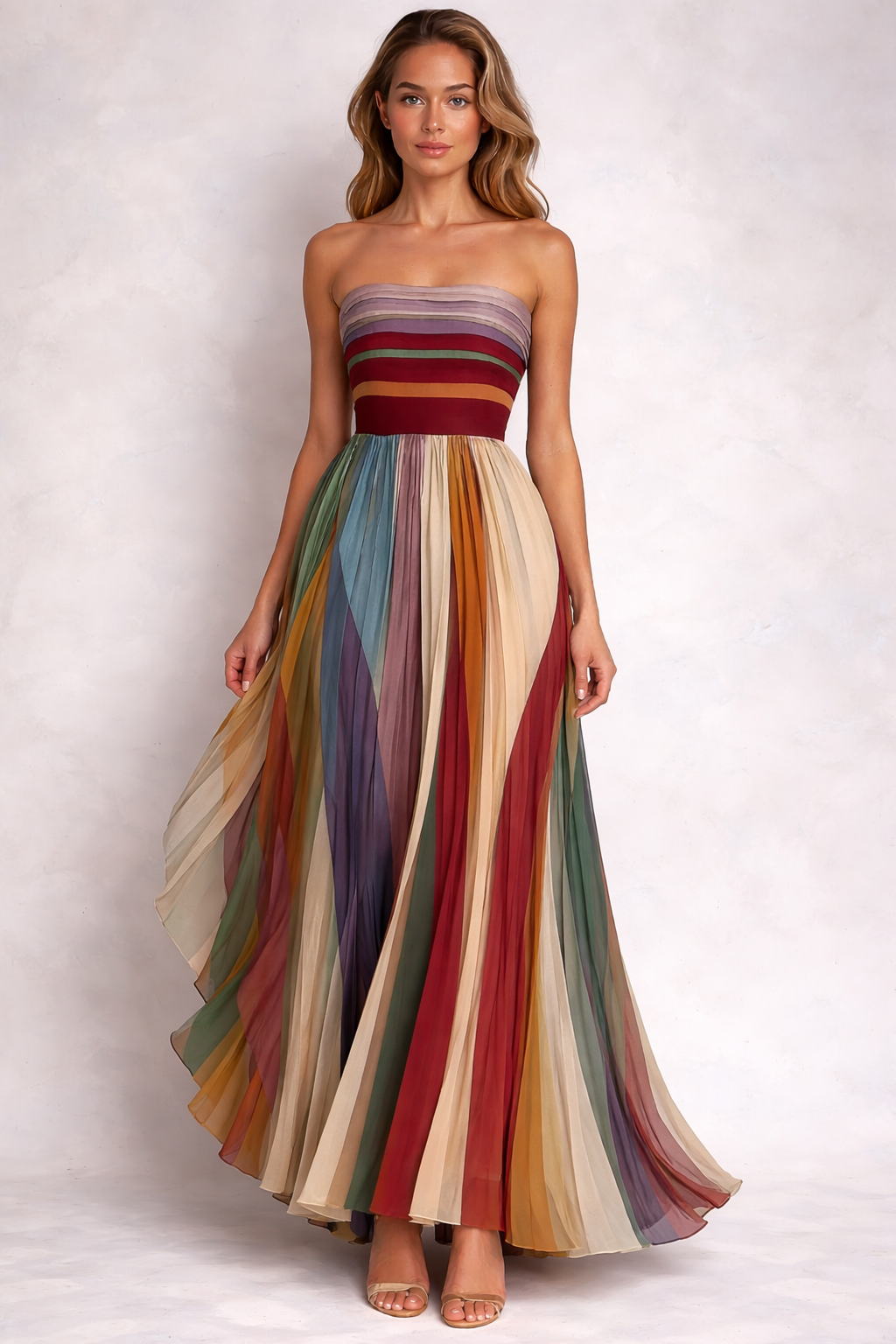 Vestido largo plisado multicolor Veska HERA I, diseño elegante y colorido, con detalles de tela fluida y estilo sofisticado.