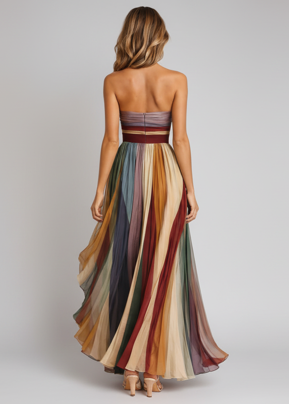 Vestido largo plisado multicolor Veska Hera I con falda larga y detalles en tonos vibrantes, diseñado para ocasiones elegantes.