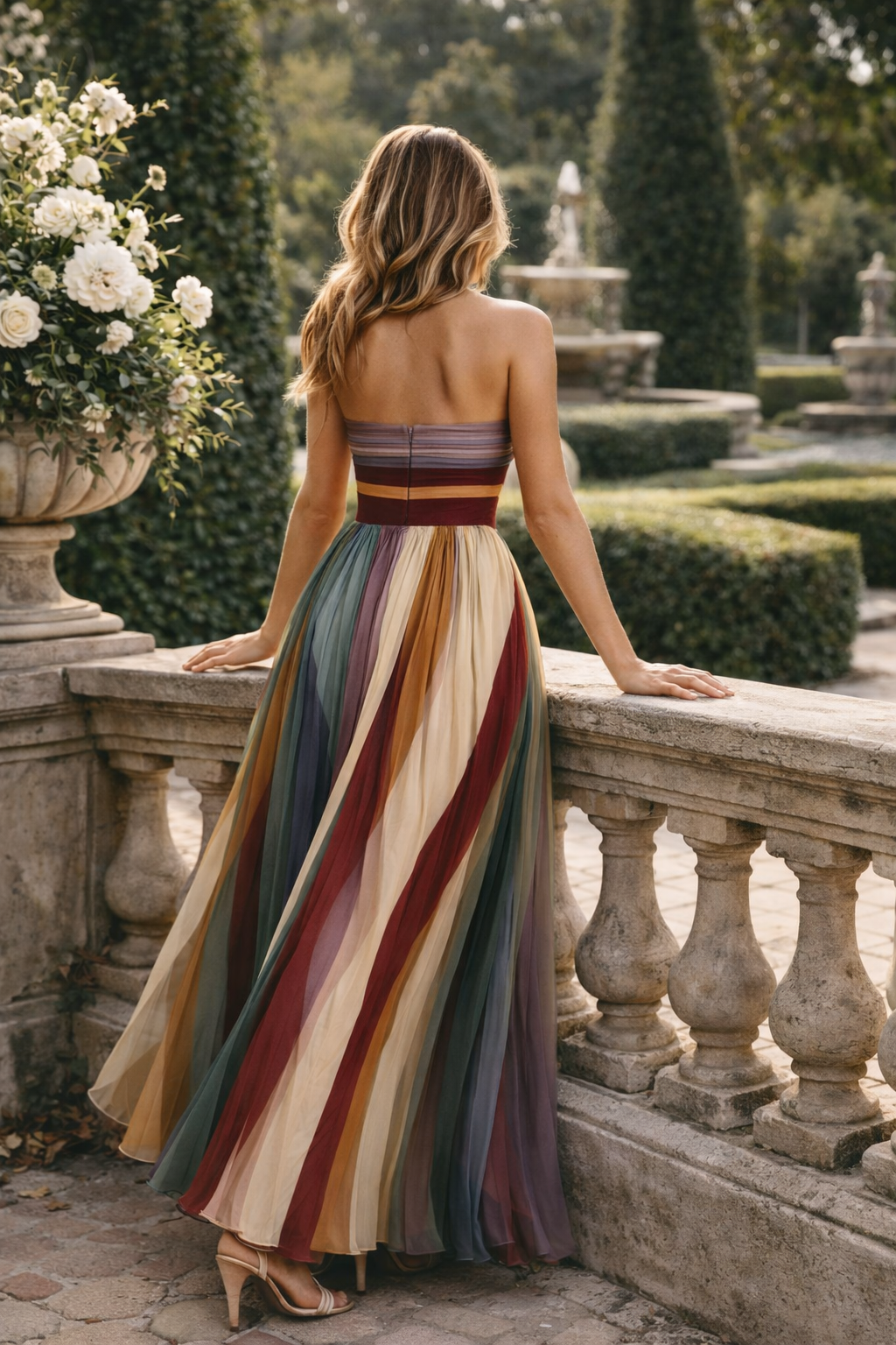 Vestido largo plisado multicolor Veska HERA I con diseño elegante y colores vibrantes, ideal para ocasiones especiales.
