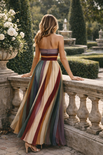 Vestido largo plisado multicolor Veska HERA I con diseño elegante y colores vibrantes, ideal para ocasiones especiales.
