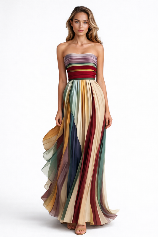 Vestido largo plisado multicolor Veska HERA I con falda fluida y estilo elegante para ocasiones especiales.