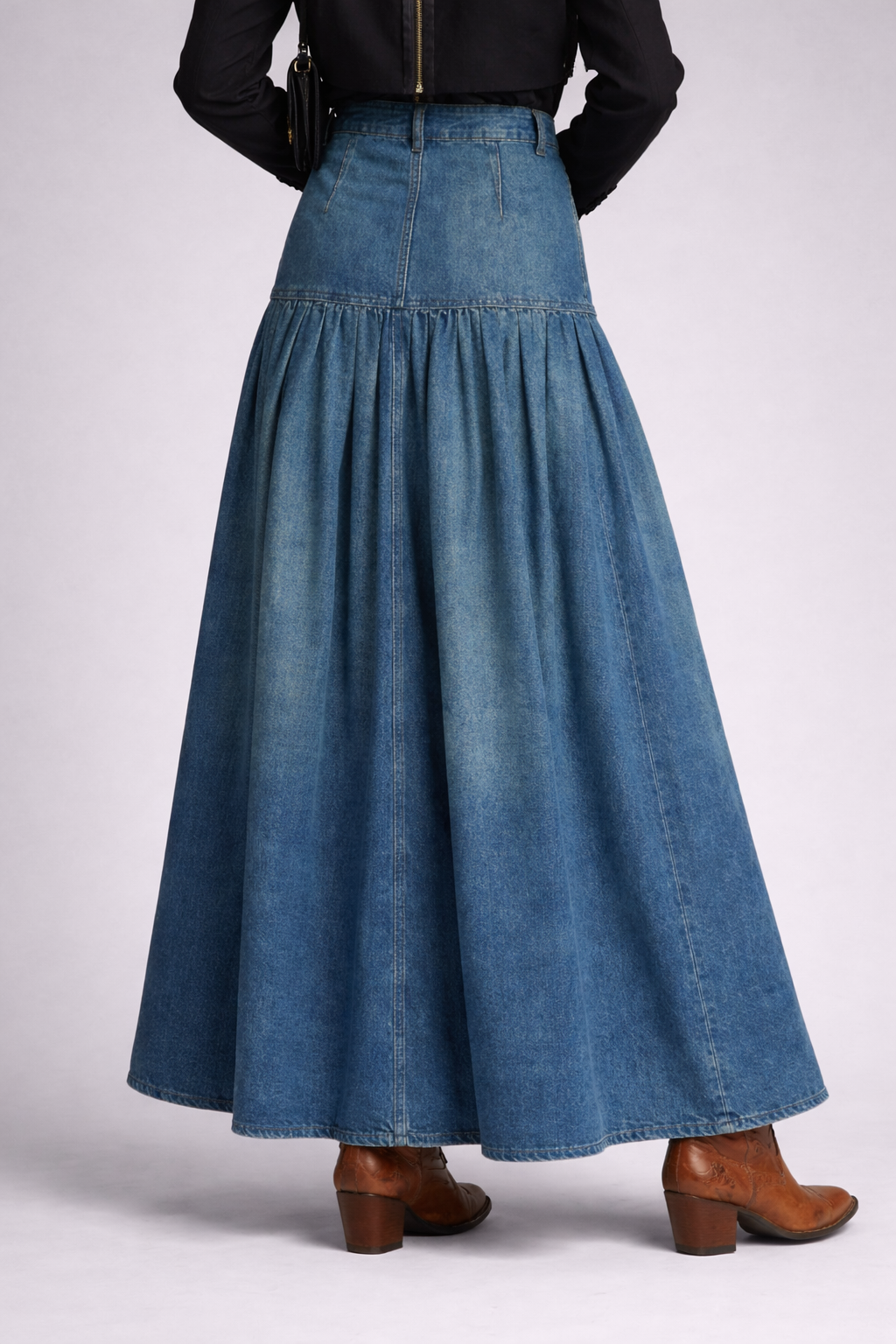 FALDA DENIM LARGA CON VUELO Y BOTAS COWBOY - Veska 