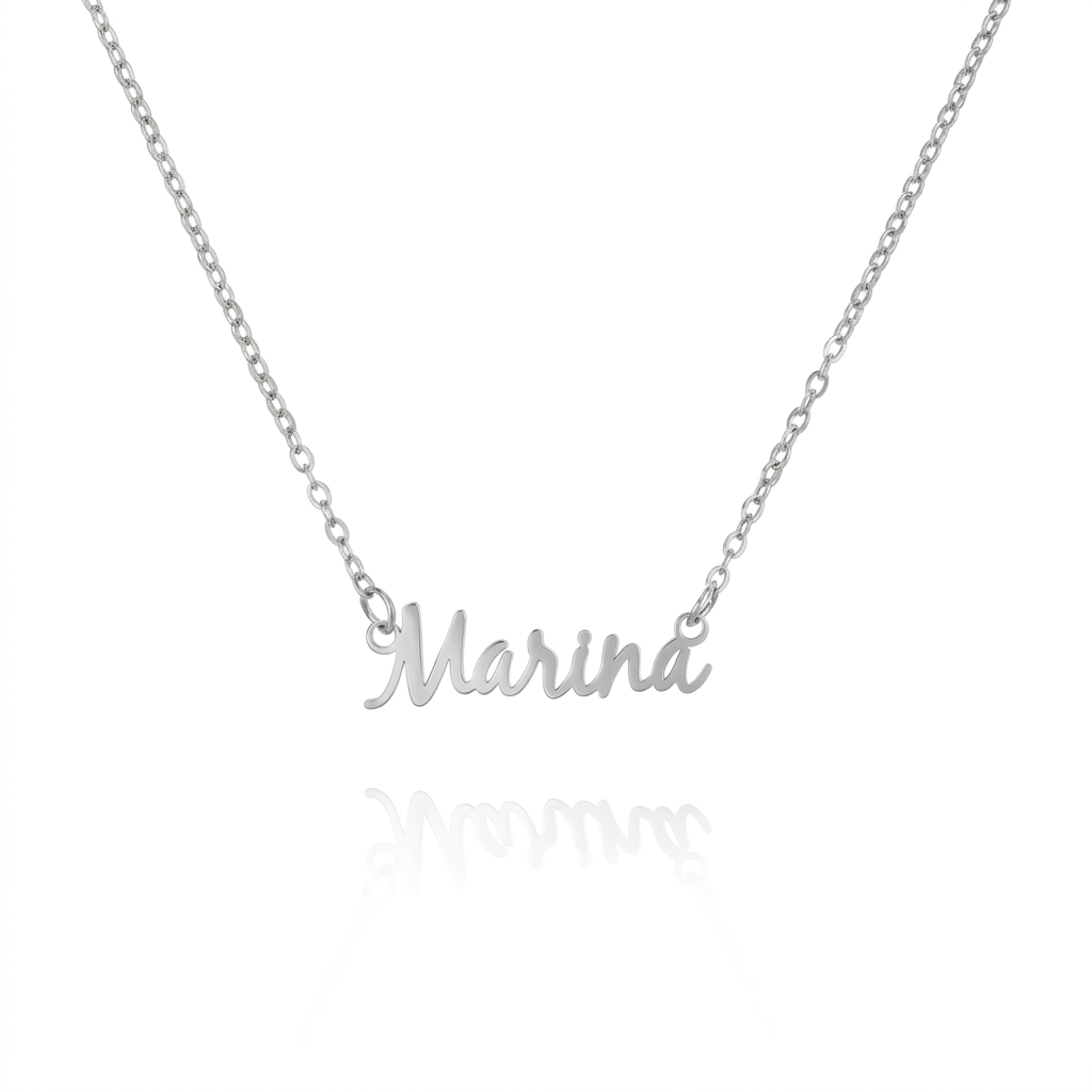 Collar de tenis personalizado de la marca Veska con nombre grabado, diseñado en plata con detalles elegantes y moderno estilo.