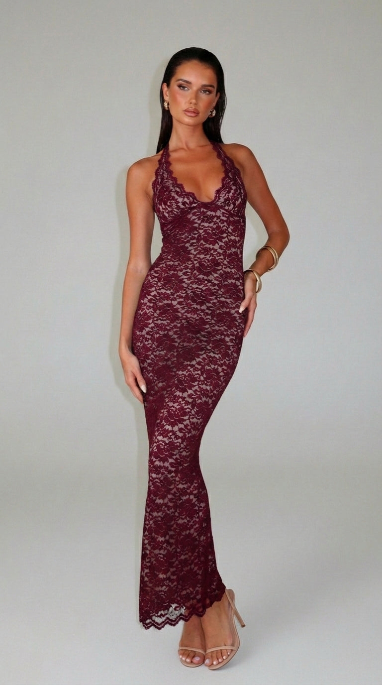 VESTIDO LARGO ENCAJE HALTER - Veska 