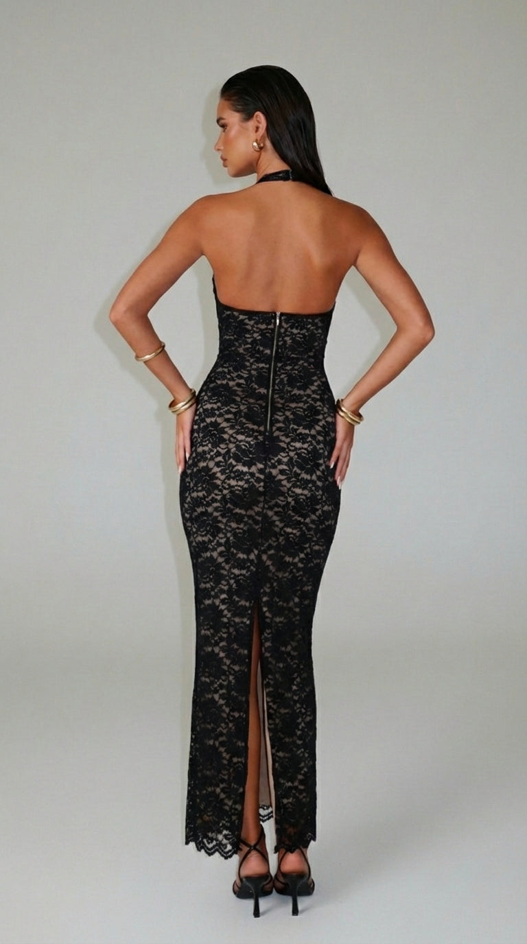 VESTIDO LARGO ENCAJE HALTER - Veska 