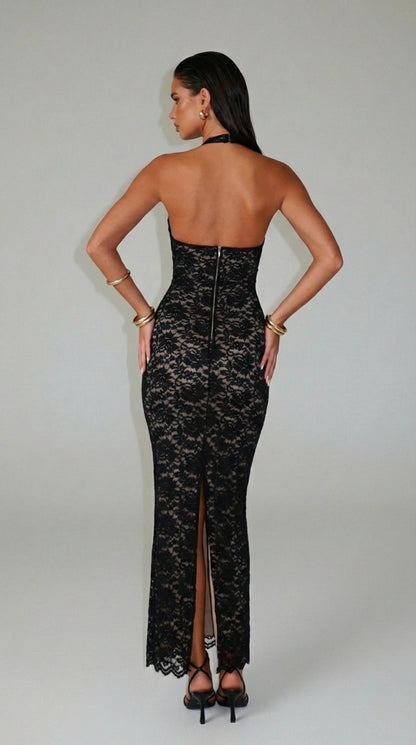 VESTIDO LARGO ENCAJE HALTER - Veska 
