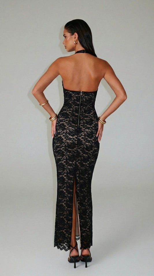 VESTIDO LARGO ENCAJE HALTER - Veska 