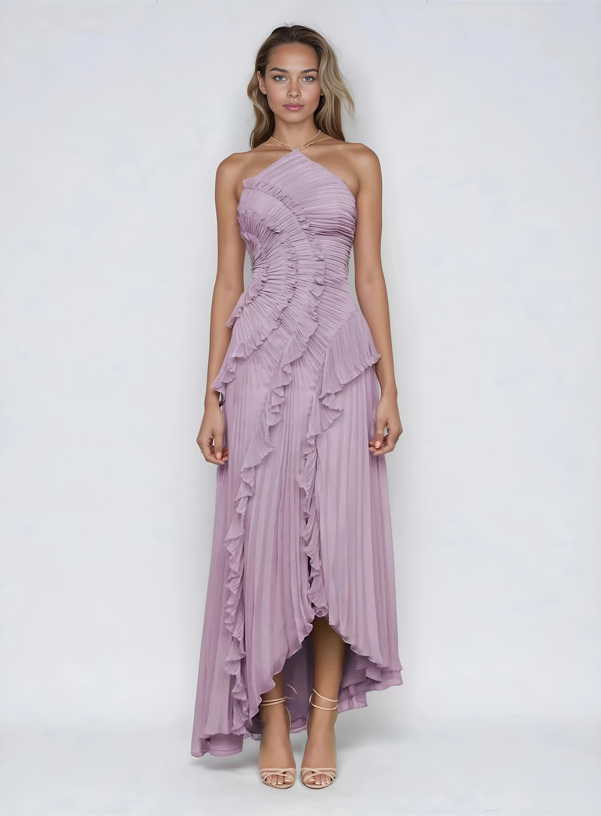 VESTIDO CON VOLANTES ESCOTE HALTER - Veska 