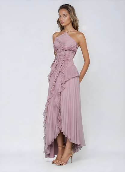 VESTIDO CON VOLANTES ESCOTE HALTER - Veska 