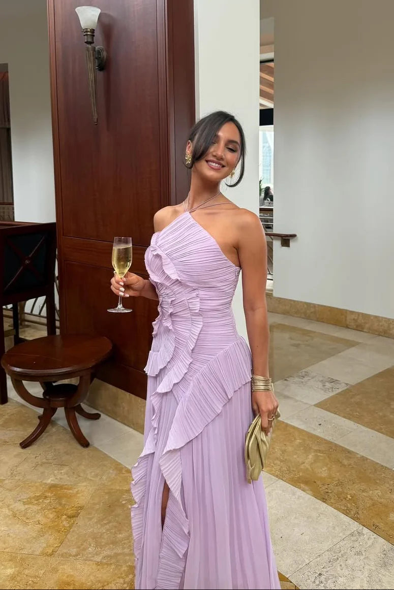 VESTIDO CON VOLANTES ESCOTE HALTER - Veska 