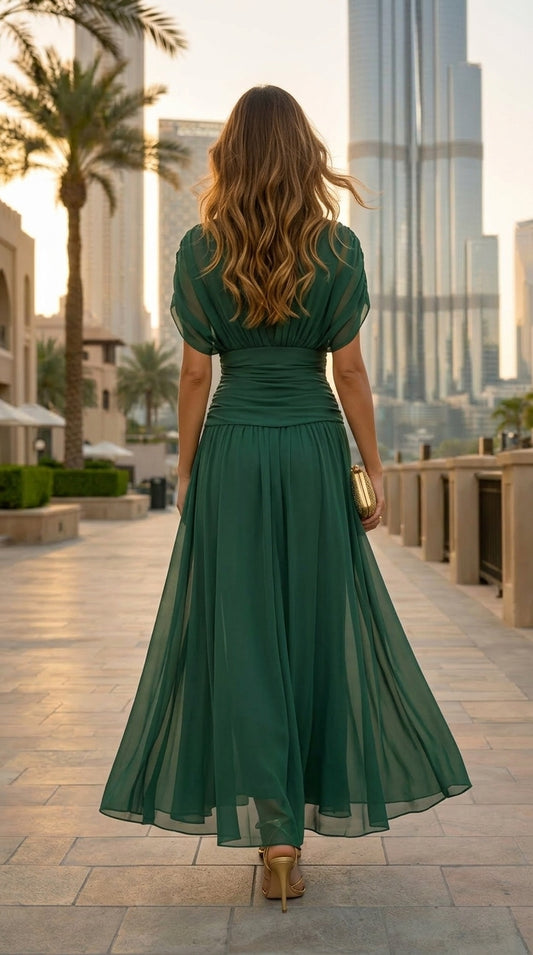 Vestido largo de gasa verde de Veska en modelo en paseo, elegante y fluido para ocasiones especiales.