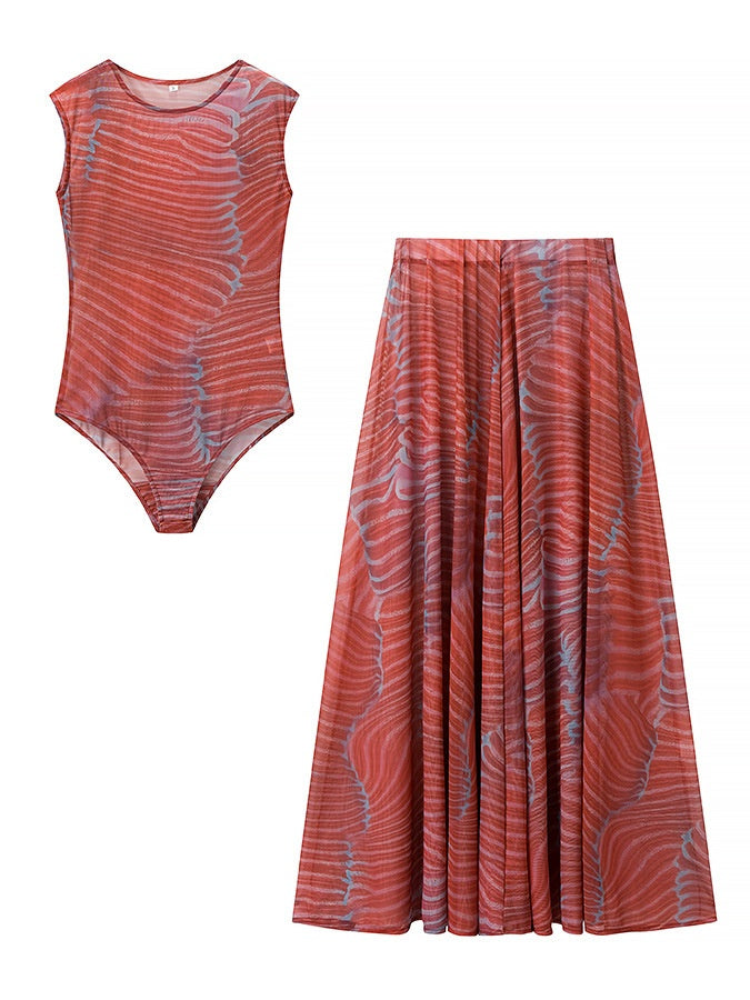 Ripple Glow Mesh Bodysuit Skirt Set - Veska 