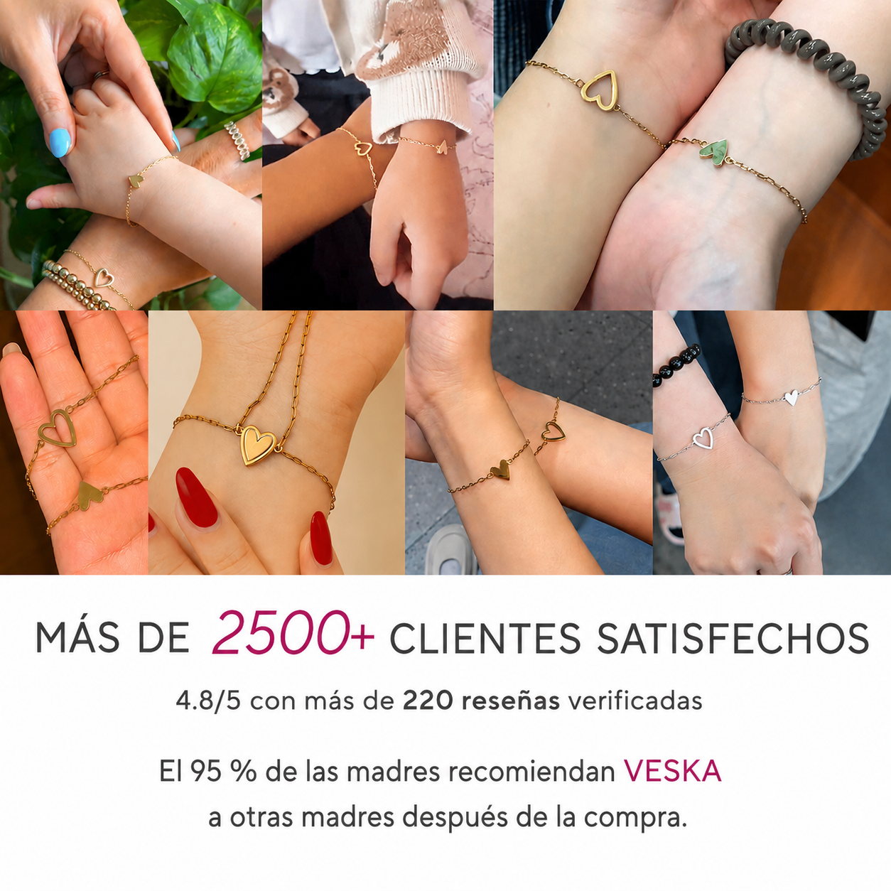 Set de pulseras con corazones de la marca Veska, con varias pulseras de diseño delicado y cadenas en tonos metálicos.