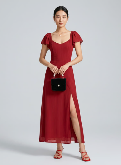 Vestido de gala VESKA con silueta en A, confeccionado en un sofisticado tejido Jacquard de alta estructura.