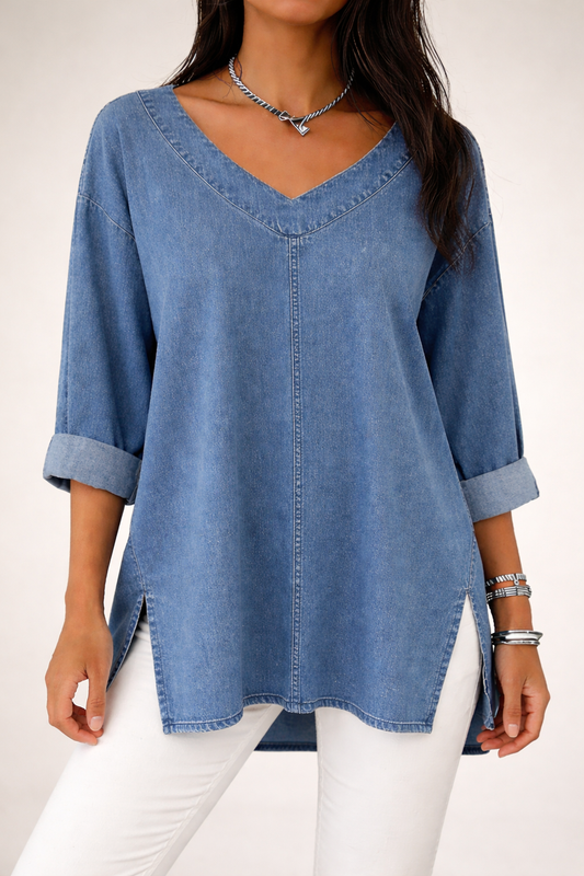CAMISETA DENIM RELAXED FIT CON ESCOTE EN V - Veska 