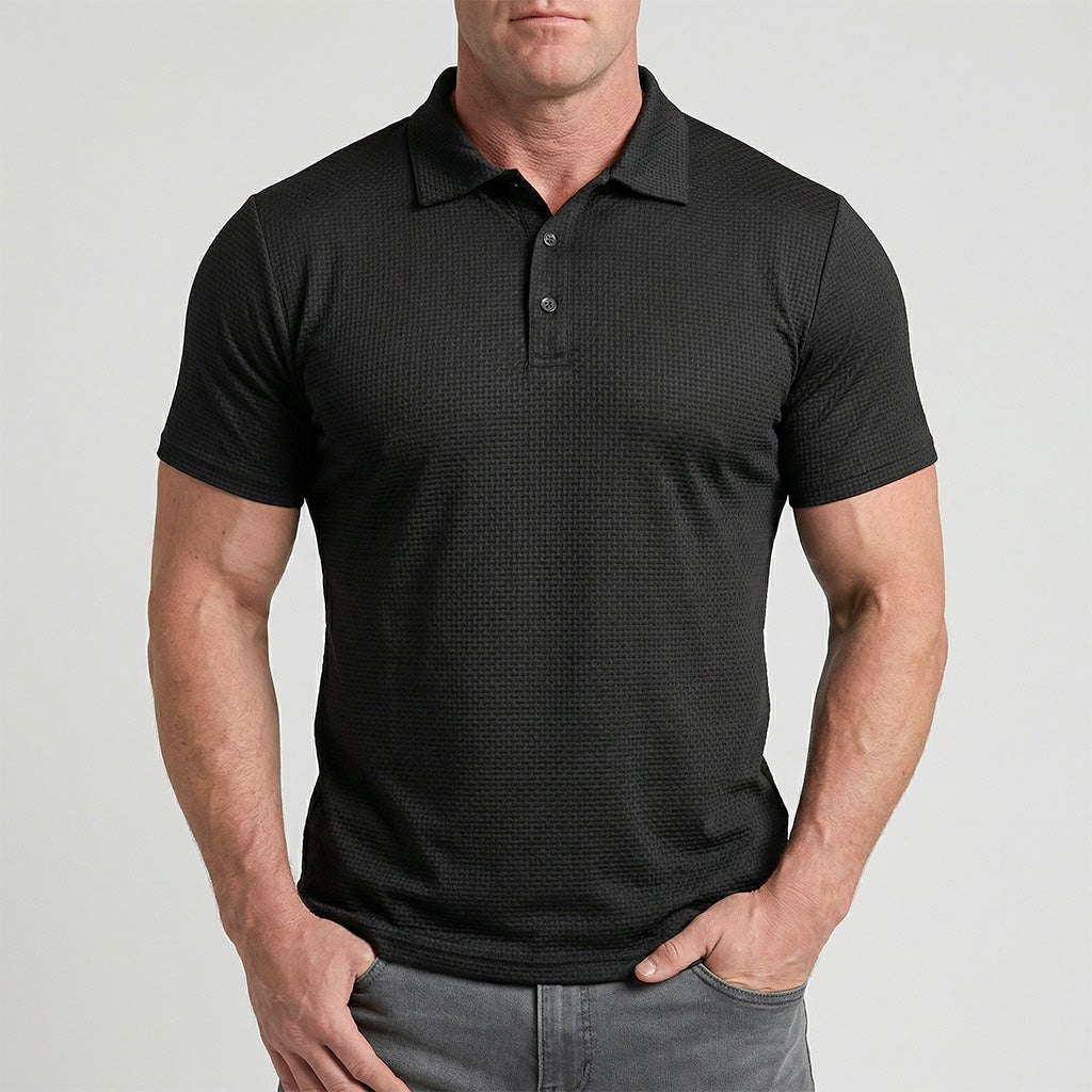 Camiseta polo para hombre Veska de color azul, con cuello clásico y botones en la parte superior, vista frontal.
