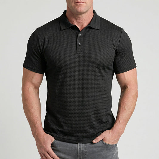 Camiseta polo para hombre Veska de color azul, con cuello clásico y botones en la parte superior, vista frontal.