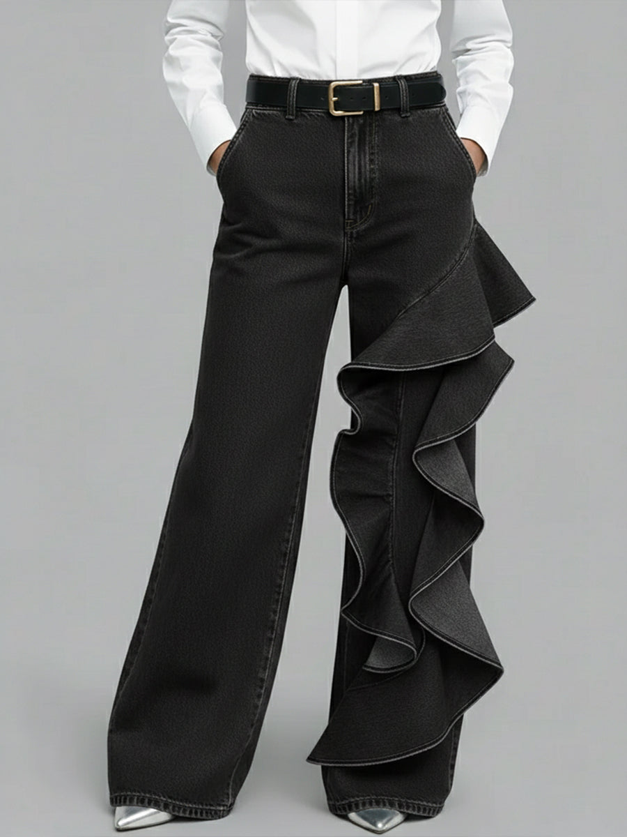 PANTALÓN VAQUERO WIDE LEG CON VOLANTE ASIMÉTRICO - Veska 