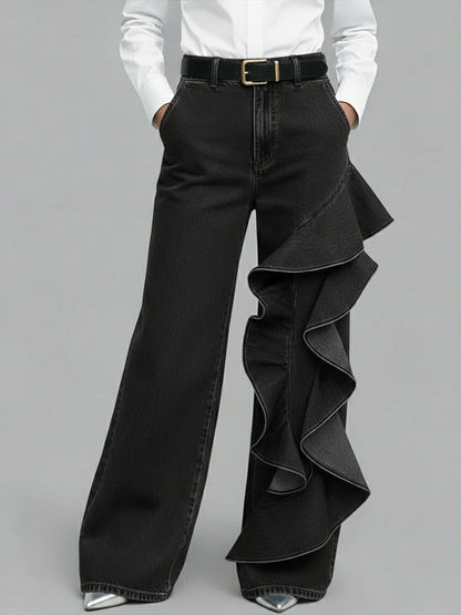 PANTALÓN VAQUERO WIDE LEG CON VOLANTE ASIMÉTRICO - Veska 
