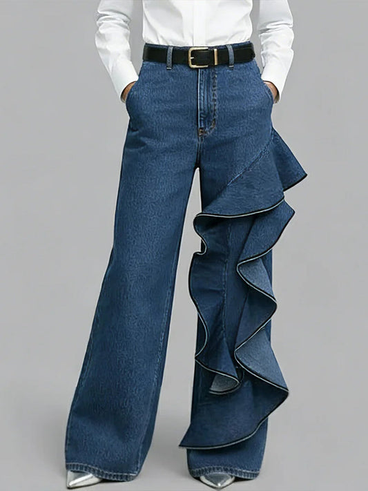 PANTALÓN VAQUERO WIDE LEG CON VOLANTE ASIMÉTRICO - Veska 