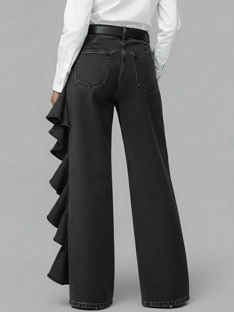 PANTALÓN VAQUERO WIDE LEG CON VOLANTE ASIMÉTRICO - Veska 