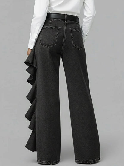 PANTALÓN VAQUERO WIDE LEG CON VOLANTE ASIMÉTRICO - Veska 