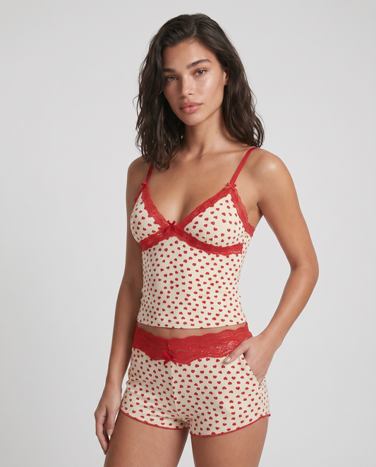 Conjunto Isabella de dos piezas, una propuesta suave y coqueta que captura una energía femenina con un toque juguetón.