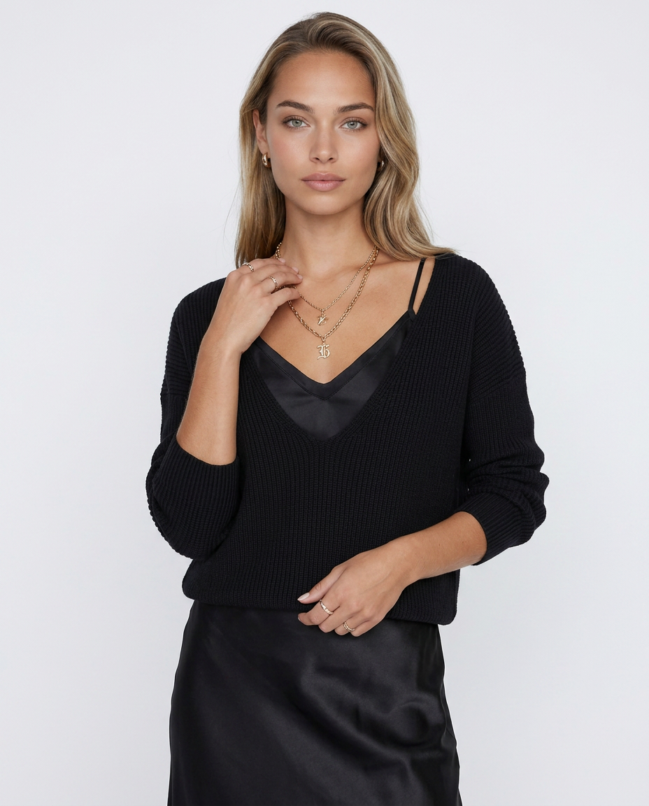 Vestido con jersey Martina de Veska en color oscuro, con diseño elegante y detalles suaves en la tela.