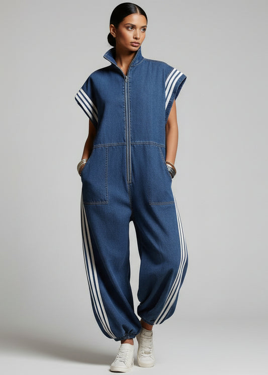 Women's Stand-collar Short-sleeved Casual Loose Denim Wide-leg Jumpsuit - Veska 