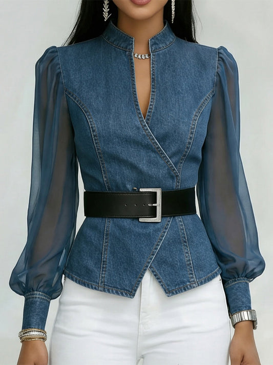 Elegant, Slim-fitting Denim Top With Organza Sleeves. - Veska 
