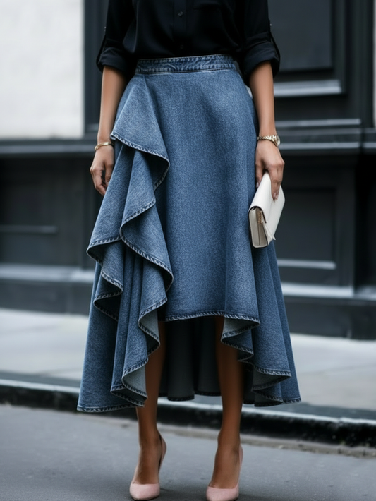 Ruffled Denim Skirt — Elegant Tiered Casual Style - Veska 