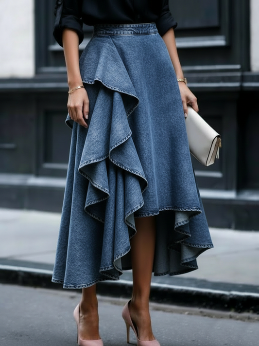 Ruffled Denim Skirt — Elegant Tiered Casual Style - Veska
