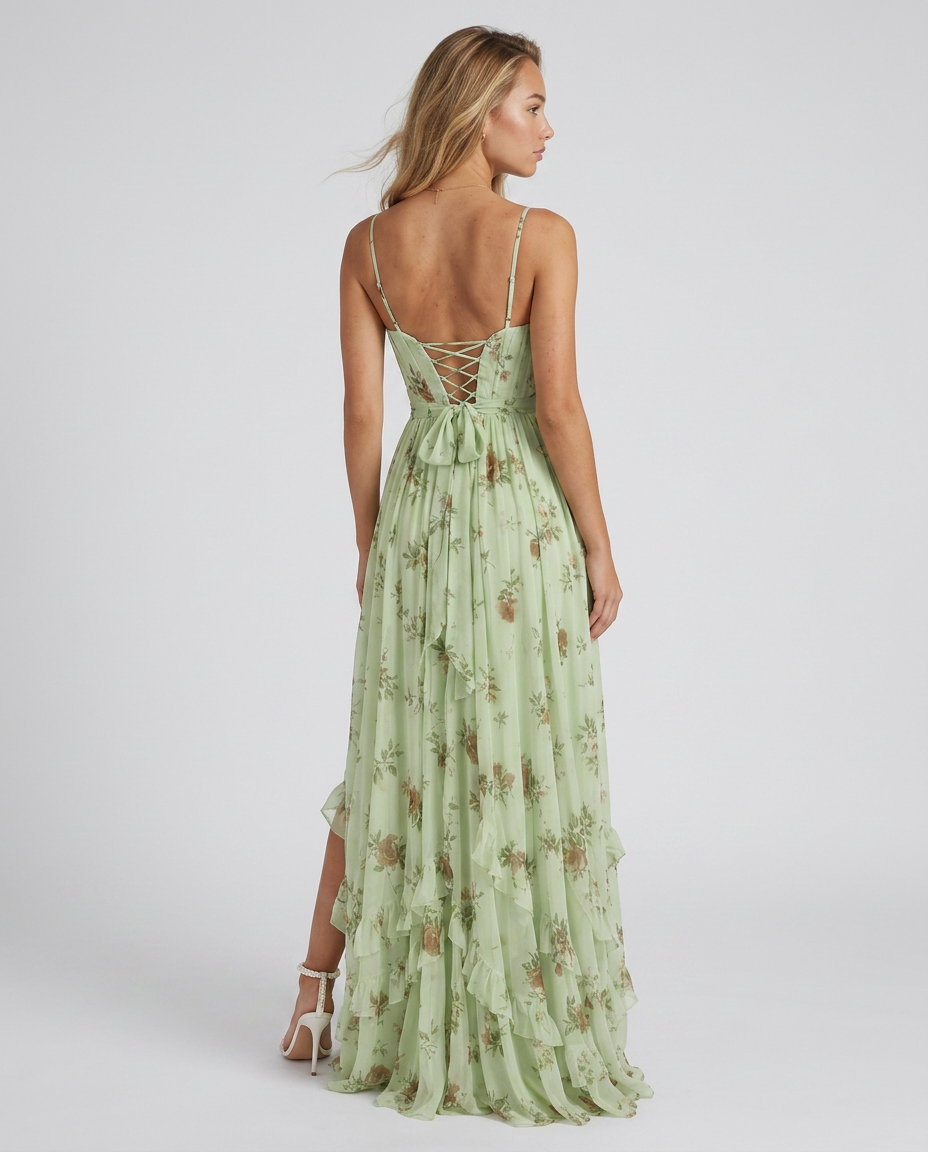 Vestido Veska Veronica con escote en V y volantes, diseño femenino y elegante, en color neutro, mostrado en la imagen.