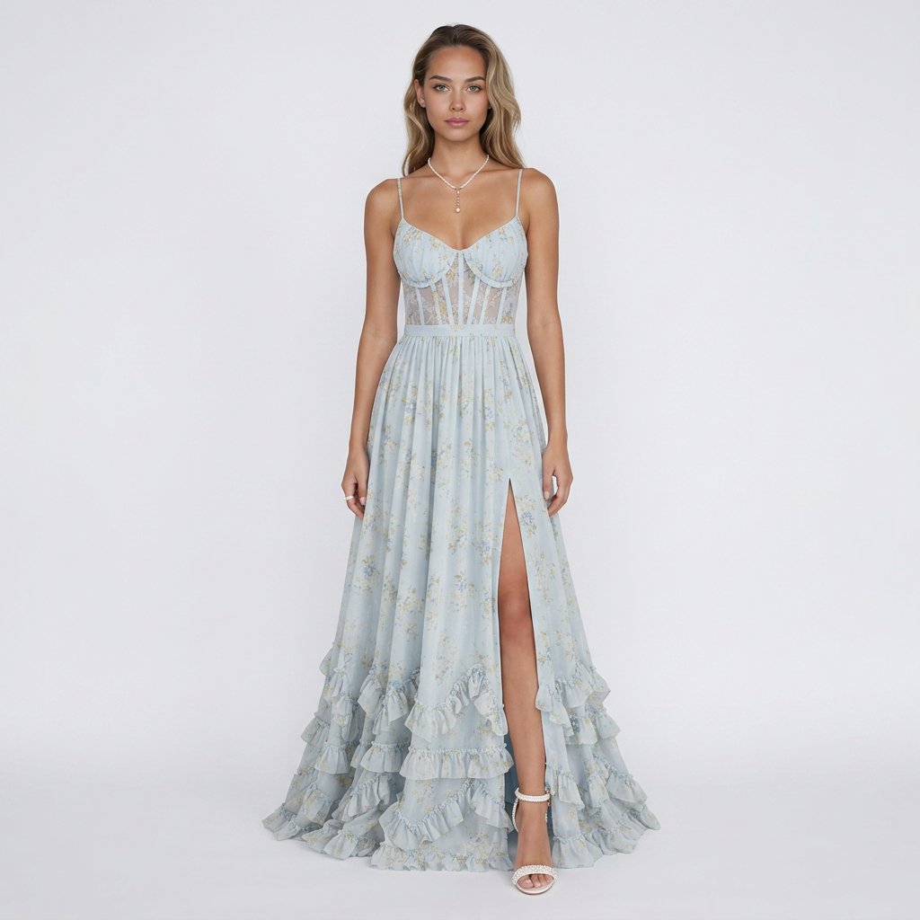 Vestido Veska Veronica con escote en V y detalles de volantes, diseño femenino y elegante, en color y estilo visible en la imagen.