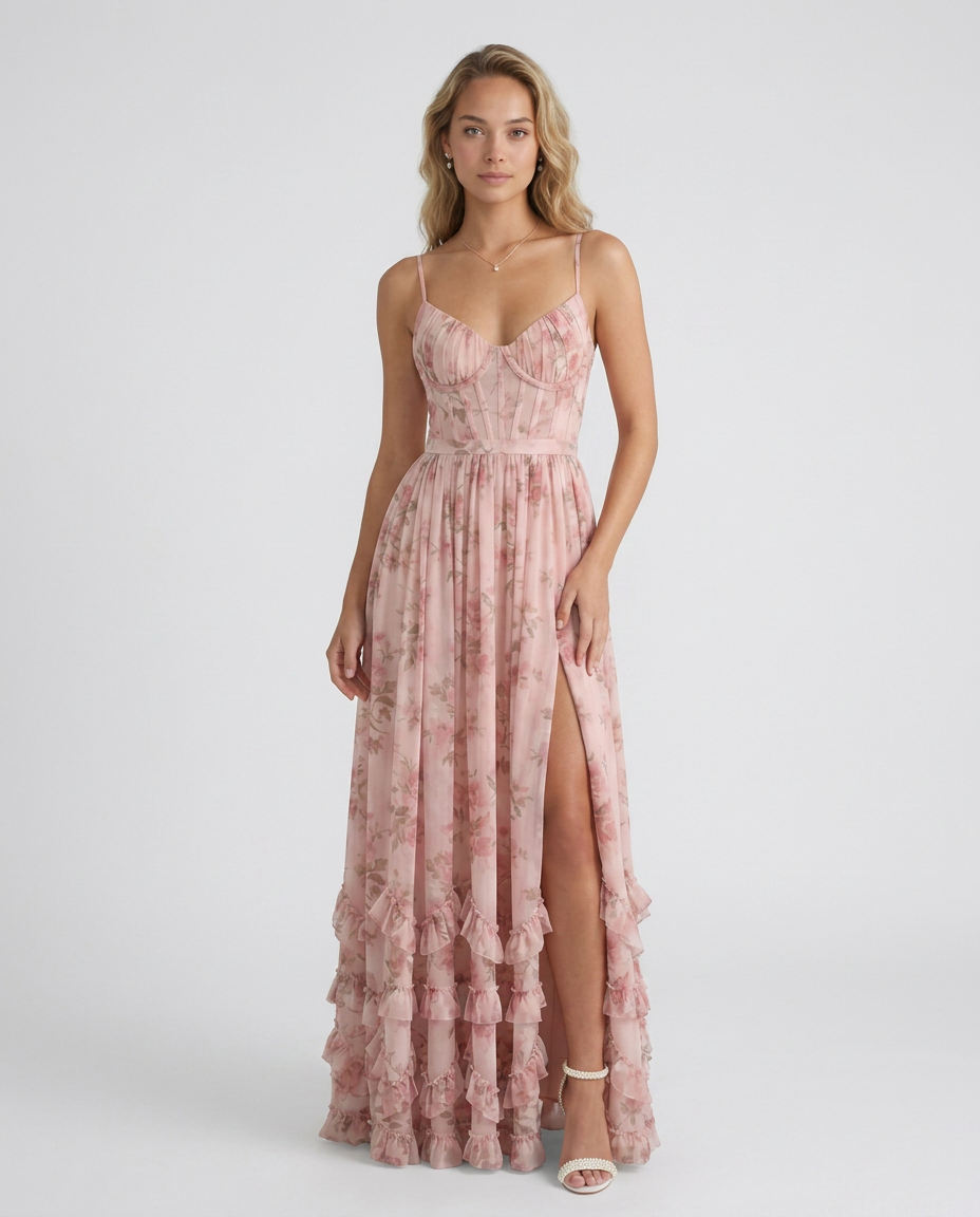 Vestido Veska Veronica con escote en V y detalles de volantes, diseño elegante y femenino en color neutro.